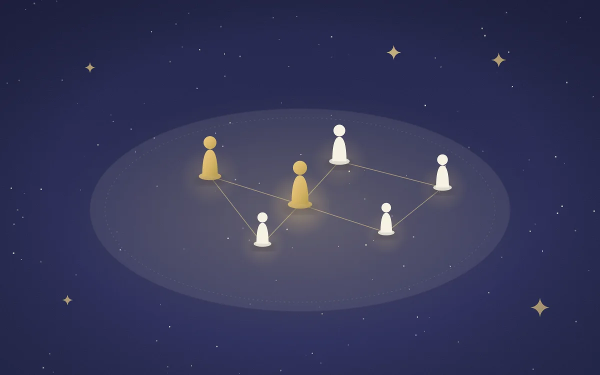 Illustration: figurines linked by golden threads on a rug, as in an individual family constellation