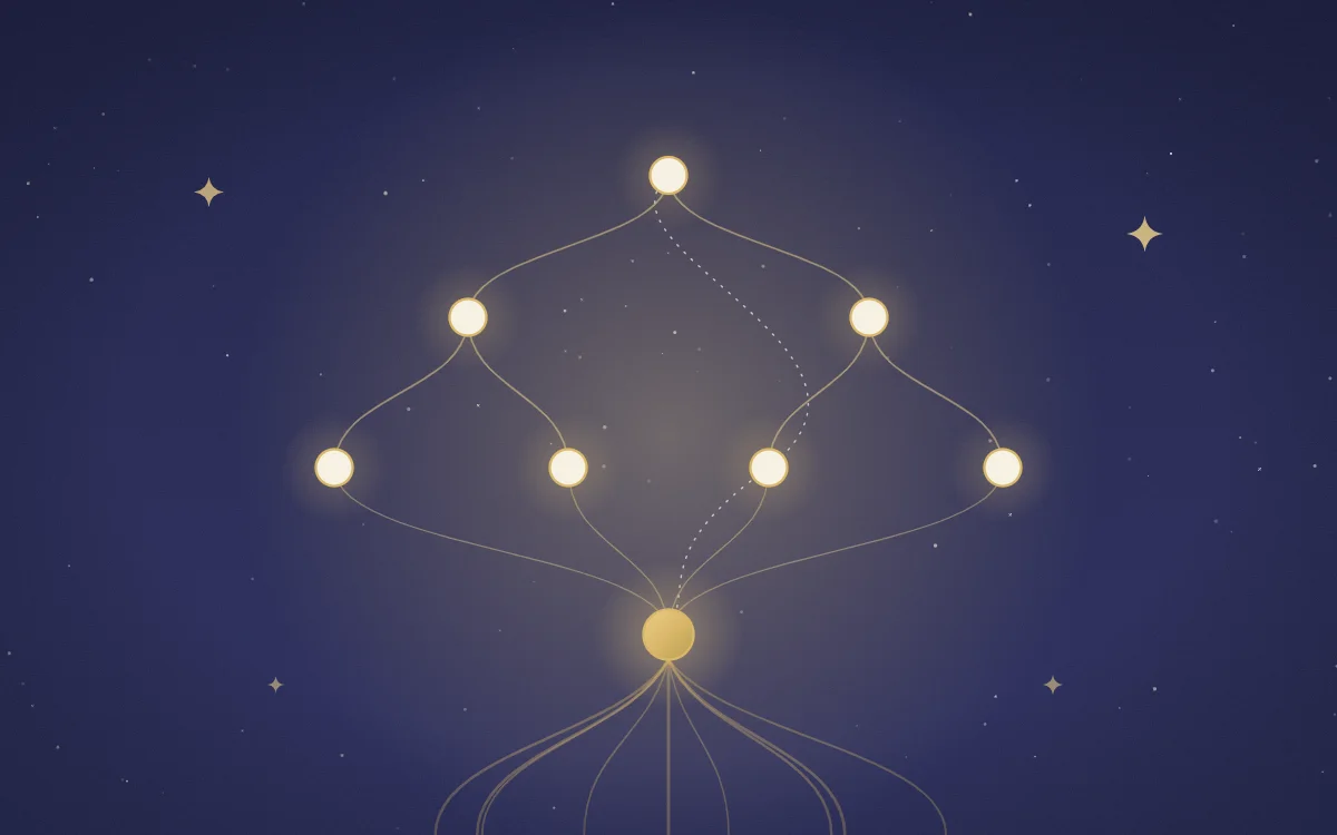 Illustration: a family tree linked by golden threads across generations