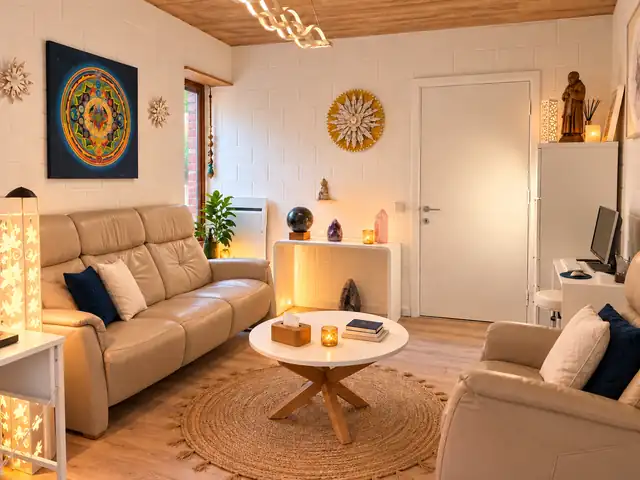 Espace d’accueil du centre Crystaluz avec canapé et mandala